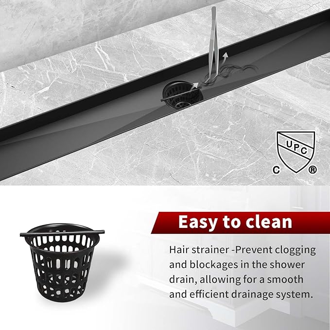Sharp-tec Shower Drain, 32 inch Linear Shower Drain, Matte Black 304 Stainless Steel Rectangular Shower Floor Drain with Adjustable Leveling Feet, Hair Strainer, cUPC Certified, ST-112-32B