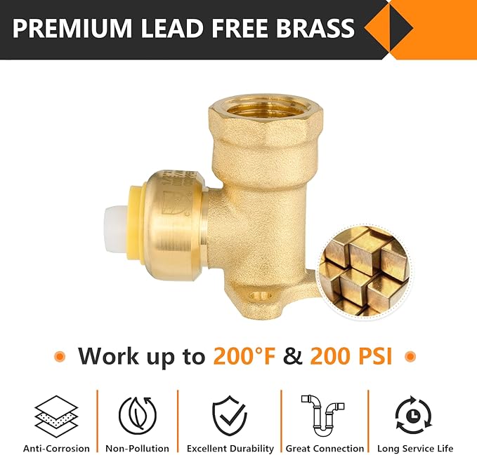 2-Pack HeSun Pushfit Drop-ear Elbow, 1/2" Female NPT x 1/2" Push to Connect Plumbing Fittings with Disconnect Clip, Brass Push-fit Fittings for PEX, Copper, CPVC, PE-RT Pipes(PF066-2)