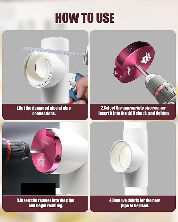 9 Pcs PVC Pipe Reamer Kit, PVC Fitting Saver, Plastic Pipe Fitting Reamer Socket Saver Plumbing Tool Includes 1/2, 3/4, 1, 1 1/4, 1 1/2, 2, 2 1/2, 3, 4 inch for Schedule 40 Fits Standard 1/2" Drill