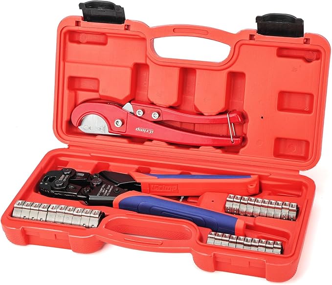 iCrimp PC-PC02KIT PEX Clamp Crimping Tool Kit with 1/2 inch(20 Pack) and 3/4 inch(10 Pack) PEX Clamp Rings, Pipe Cutter for PEX and Automotive Clamp Cinch and Removal