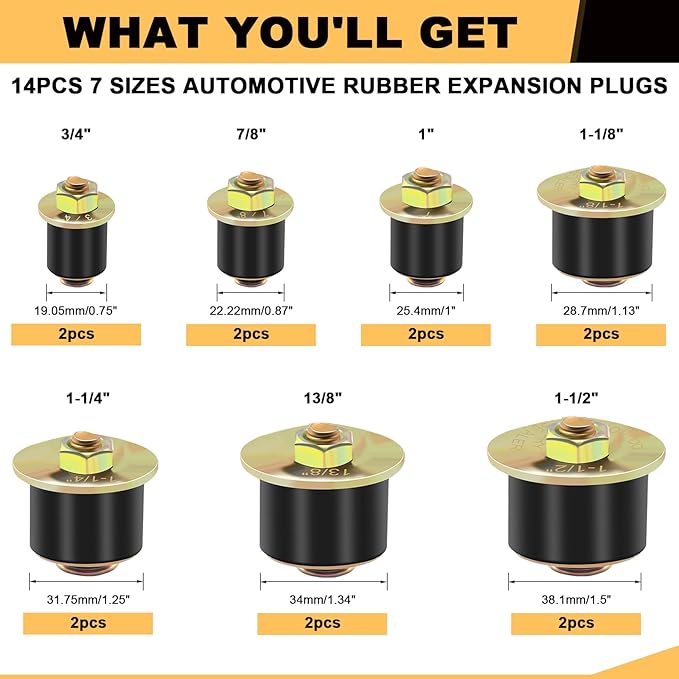 Siptenk 14pcs Freeze Rubber Expansion Plug, 7 Sizes Automotive Rubber Expandable Freeze Plugs Kit 3/4" 7/8" 1" 1-1/8" 1-1/4" 1-3/8" 1-1/2"