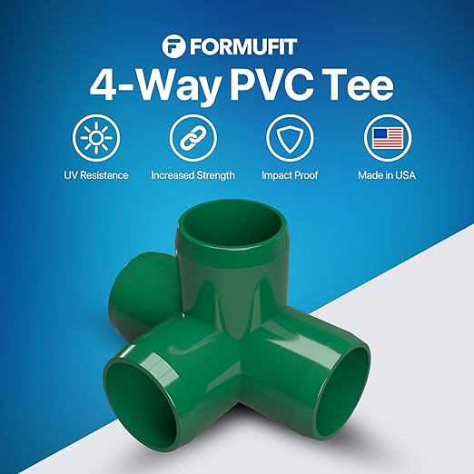 FORMUFIT 1-1/4” 4-Way Tee Furniture Grade PVC Fitting in Green, Made in USA, UV-Resistant, Impact-Proof, 1.660” Actual Socket Diameter (Pack of 4) - F1144WT-GR-4
