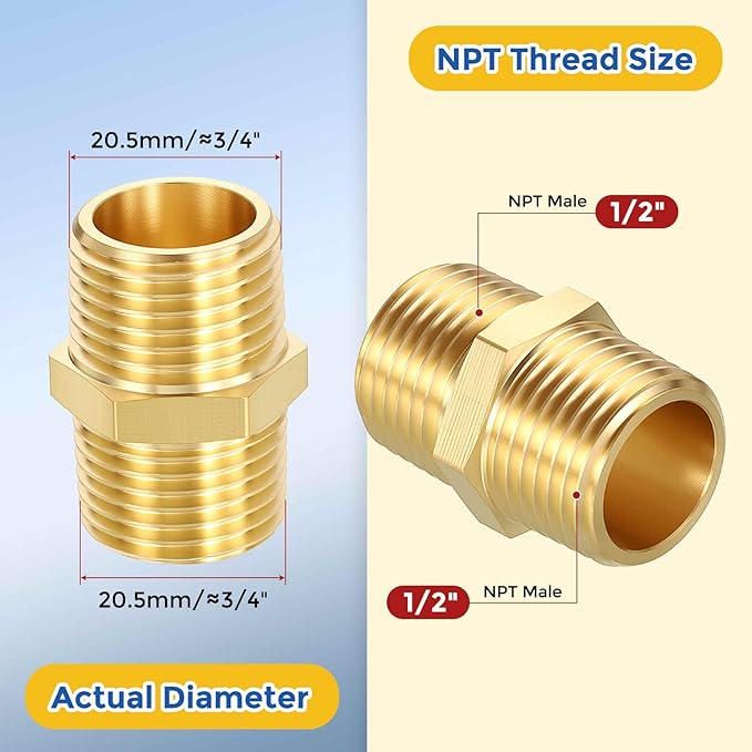 6 Pack Brass Pipe Fittings, 1/2" Male NPT to 1/2" Male NPT Brass Hex Nipple, Male Pipe Adapter Reducer for Air, Oil, LP