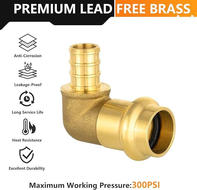 10-Pack HeSun Copper Press Fitting Elbow, 1/2" PRESS X 1/2" PEX F1807 Crimp Elbow, LF Brass