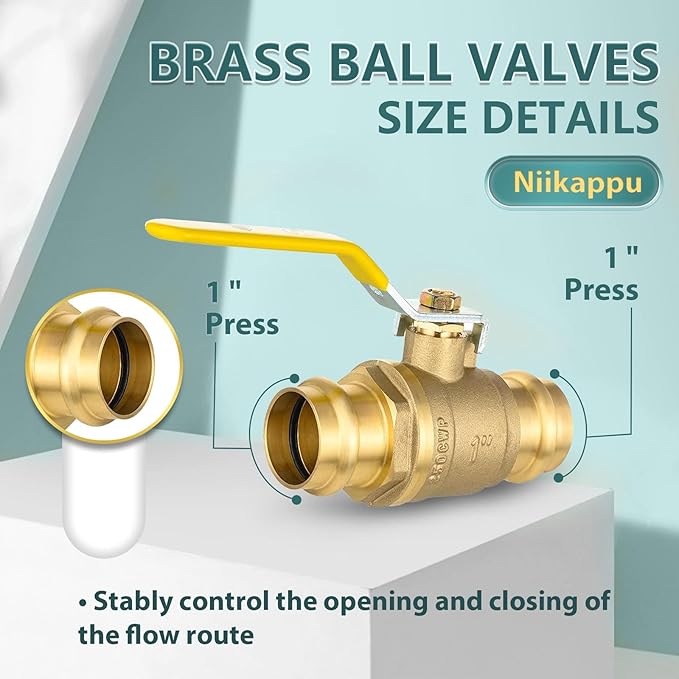 1" Press Ball Valve, 5 Pack Shut Off Valves with EPDM O-ring, Quarter Turn Brass Full Port Shut Off Ball Valve for Hot and Cold Water, NSF/ANSI 61 Certified