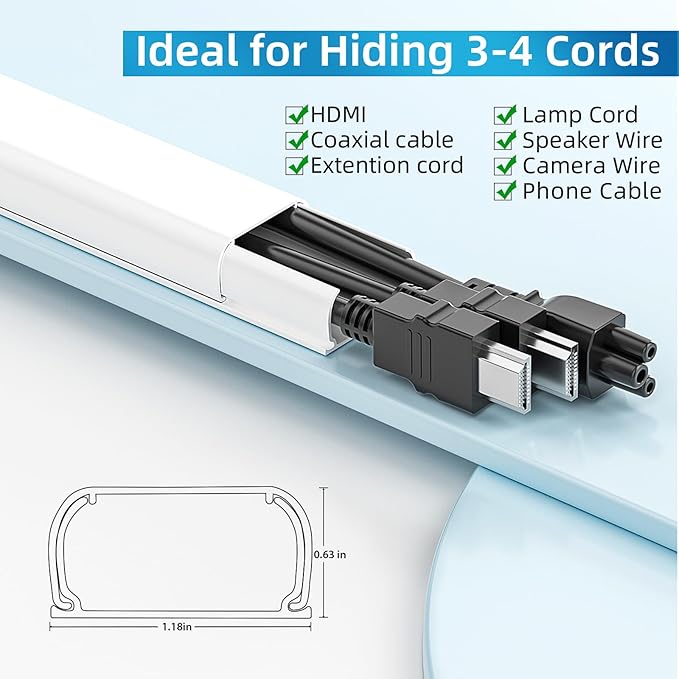 Yecaye 235in Wall Cord Hider for 3-4 Cords, On-Wall Cord Cover Channel, Long Cable Concealer, Cable Cover Cords Management for Home Office, W1.18in H0.63in, White