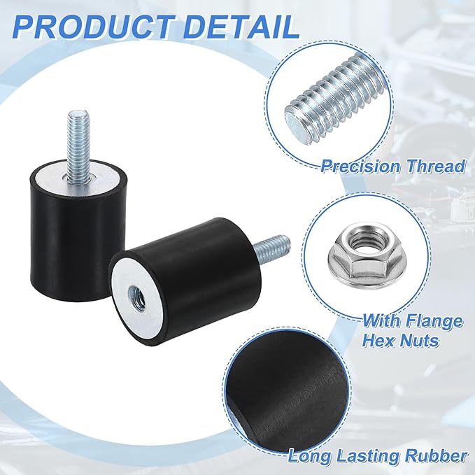 uxcell M6 Rubber Mounts, 4Pcs 24x30mm(DxH) Rubber Cylindrical Anti Vibration Isolator Shock Absorber with Lock Nut for Car Bobbin Generator Air Compressors