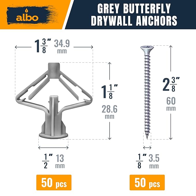 ALBO Drywall Anchor Kit Hollow Wall with Screws 100 pcs. (Grey Anchor 50pcs + Screws 50pcs) Plastic Hollow Wall Drilling Anchors