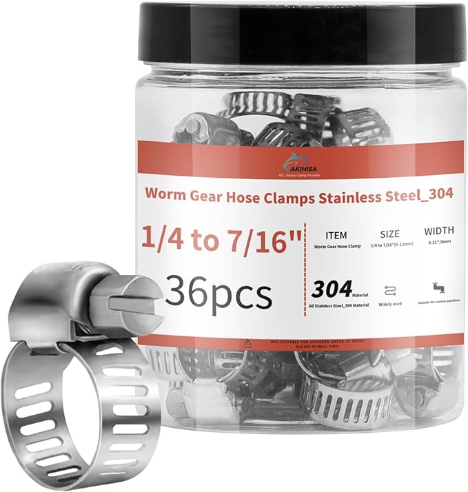 36 Pack 1/4'' - 7/16'' Worm Gear Hose Clamps, Adjustable Range 6-12mm 304 Stainless Steel Fuel Line Hose Clamps for Pipe, Plumbing, Automotive And Mechanical Application