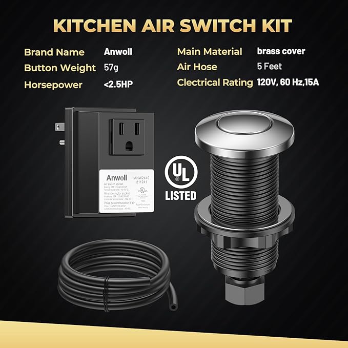 Garbage Disposal Air Switch Kit - Professional, UL Listed Wireless Sink Top Garbage Disposal Button, Stainless Steel/Black On/Off, Compatible with all garbage disposals