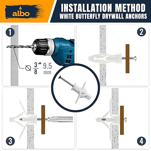ALBO Drywall Anchor Kit Hollow Wall with Screws 50 pcs. (White Anchor 25pcs + Screws 25pcs) Plastic Hollow Wall Drilling Anchors
