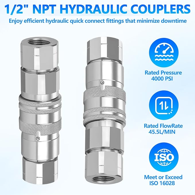 1/2’’ NPT Flat Face Hydraulic Quick Connect Couplers/Couplings with Dust Caps, The Universal Bobcat Flat Face Quick Connect Fittings with with 1/2’’ Body ISO 16028 Standard-2Set