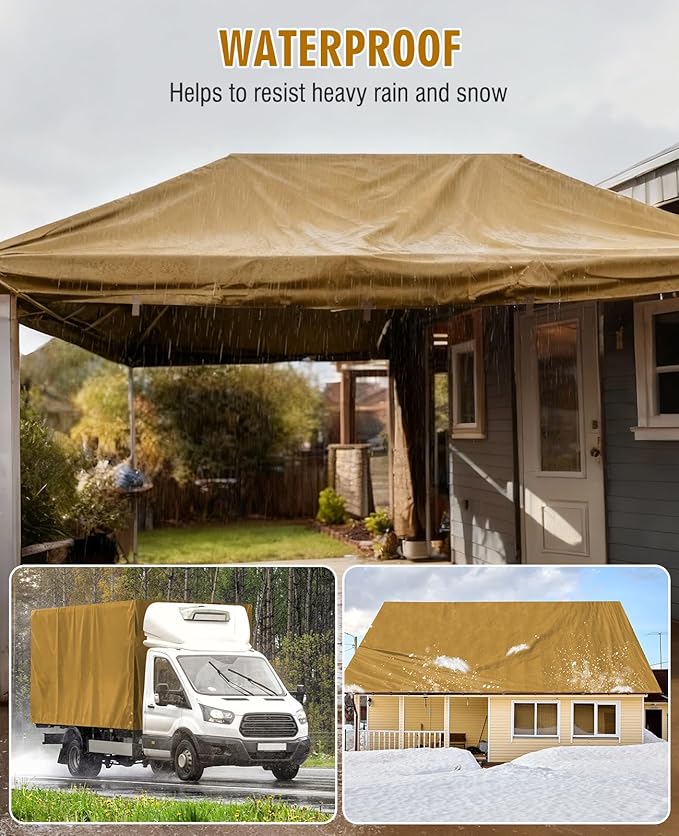 HIRALIY 20 Mil Heavy Duty Waterproof Tarp, 7x12ft Brown Tarpaulin with Reinforced Webbing Loops, Multipurpose Oxford Fabric Tarp for Firewood, Roof, Camping, Pool