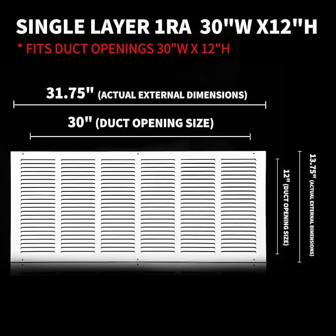 Return Vent Cover 30 x 12(Duct Opening Size),Air Return Vent Cover,Flat Vent Cover,Return Air Grilles,Outer Dimensions:31.75"Wx13.75"H(30"W x 12"H, Duct Opening)