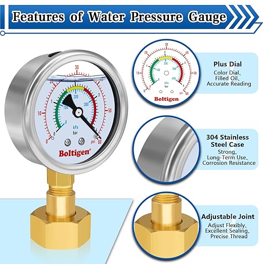 Boltigen 0-60 Psi Water Pressure Gauge, 3/4" GHT Female Thread, Oil Filled, Home, Industrial, Garden Use