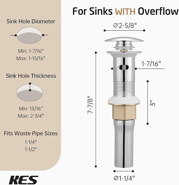 KES Bathroom Sink Drain with Detachable Hair Catcher Basket, Pop Up Drain Stopper with Overflow Anti-Clogging Vanity Vessel Sink Drain, Polished Chrome 2 Pack 304 Stainless Steel, S2013A-CH-P2