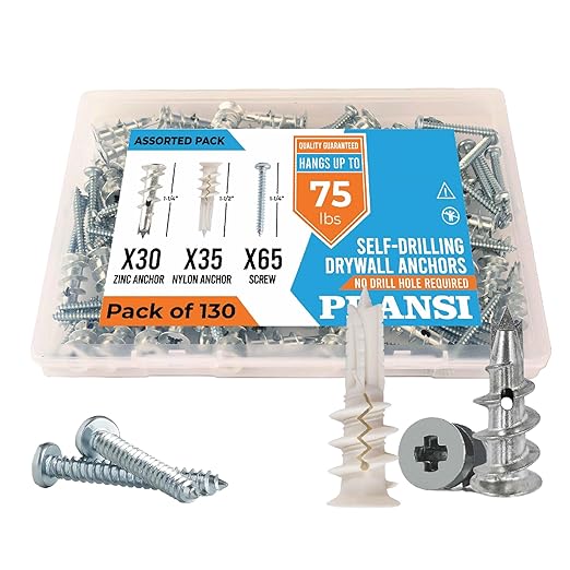 Assorted Drywall Anchors and Screws Kit – 130pcs #8 x 1-1/4” Self Drilling Anchors – No Pre-Drill Required – Heavy Duty Wall Anchors for Drywall – Holds Up to 75lbs,Metal+Nylon Anchors