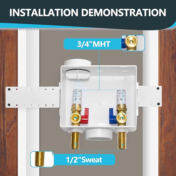 Washing Machine Outlet Box, Center Drain/Side Drain, 1/2 Inch MIP Sweat Inlet x 3/4 Inch MHT Outlet Connection, with Copper Water Hammer Arrestor (Pack of 30)(WM011-30Pack)