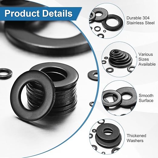 100-Pack 6# Flat Washers, 3/8" OD 304 Stainless Steel Washers for Bolts Screws Nuts for Automotive/Machinery/Furniture, Flat Metal Washers [Black Galvanized]