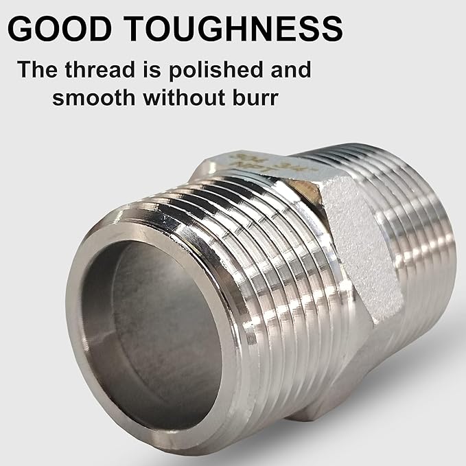 ZOUNI 5PCS Hex Nipple 3/8" Male x 3/8" Male Pipe Fittings, 304 Stainless Steel NPT 3/8 inch Male Threaded Pipe Adapter Fittings Equal Nipples Connectors, Male Straight Connector Pipe Fitting