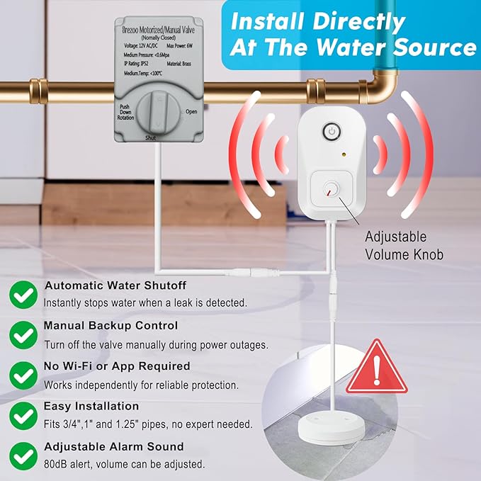 Water Leak Detector for Home, Water Alarm Leak Detector with Automatic Shutoff, Includes Leak Sensor and Water Valve, for 1-Inch Diameter Pipe, Protect Your Home from Water Damage