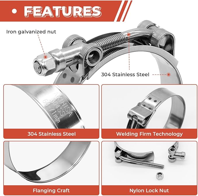 2 Pack 3.75 inch T-Bolt Hose Clamps, Stainless Steel_304 Working Range 102mm-110mm for 3.75" Hose ID, Turbo Intake Intercooler Clamp for Automotive