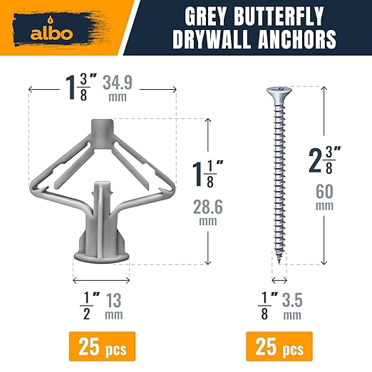 ALBO Drywall Anchor Kit Hollow Wall with Screws 50 pcs. (Grey Anchor 25pcs + Screws 25pcs) Plastic Hollow Wall Drilling Anchors