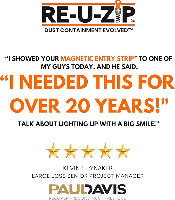 RE-U-ZIP® Self-Closing Magnetic Entry Strip | Hands-Free Dust Barrier Zipper Alternative for Plastic Sheeting | Reusable, Custom Placement & Works Under Negative Air | 3-Pack
