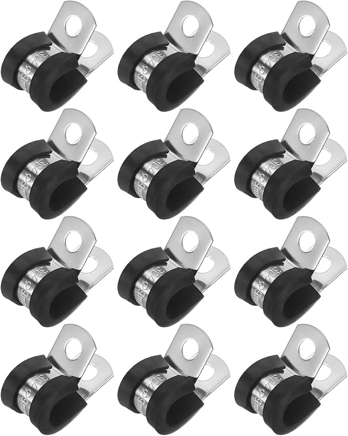 12-Pack Cable Clamps, 23/64 Inch/ 9 mm 304 Stainless Steel Rubber Cushioned Insulated Cable Clamp R Shape Metal Holder for Tube/Wire/Pipe/Loop Installation