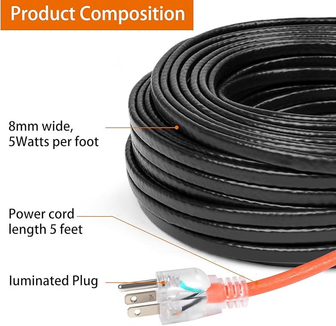 30FT（3~200FT） Heat Tape for Water Pipes, -40°F Deicing Heating Cable, Freeze Protected Water Pipe Heating Cable,120V 5W/ft