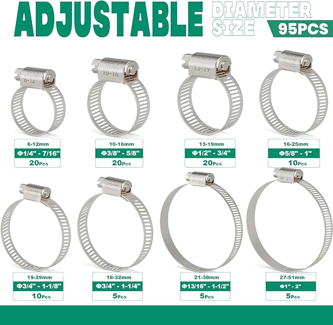 95PCS Hose Clamps Stainless Steel Assortment Adjustable 1/4"-2"(6-51mm) Worm Gear Hose Clamp, Heavy Duty Metal Small Hose Clamps for Automotive, Pipe, Radiator Plumbing, Fuel Line