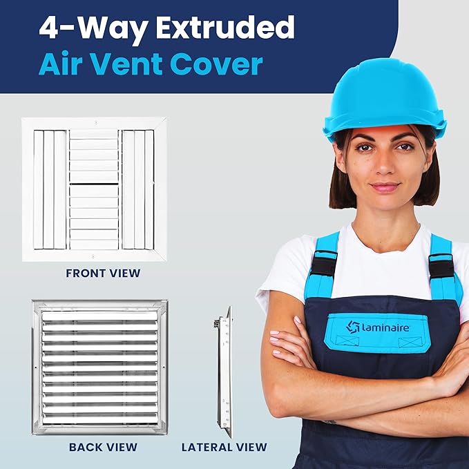 12x12 Inch (Duct Opening) Aluminum 4-Way Air Flow Vent – HVAC Vent Cover for Wall or Ceiling – Quiet HVAC Wall Register - Multi-Shutter Damper – Adjustable Curved Blade - Plastic Seal for Tight Fit