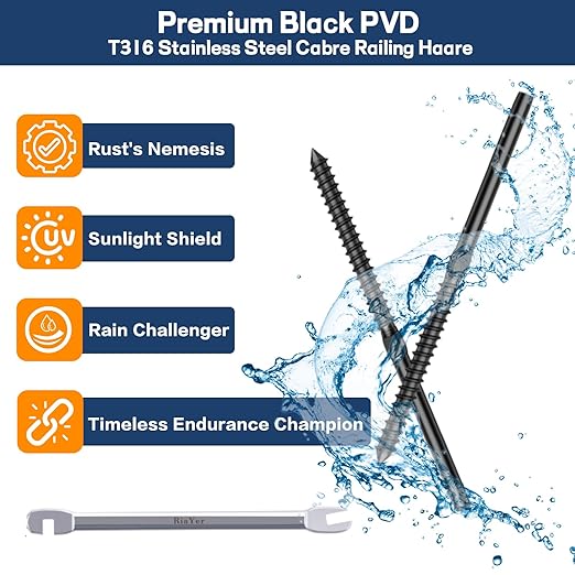 120 Pack Black T316 Stainless Steel Left & Right Handed Thread Swage Lag Screws for 1/8" Wood Post Cable Railing Kit, Deck Railing, Black Cable Railing Hardware System, Wrench Included-HF010B