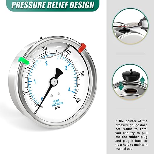0-60PSI Stainless Steel Liquid Filled Pressure Gauge, 4" Dial Size, 1/4" NPT Back Mount, for Tube, Water Pump, Gas, Liquid, Pressure Test (with Range Mark Pointer)