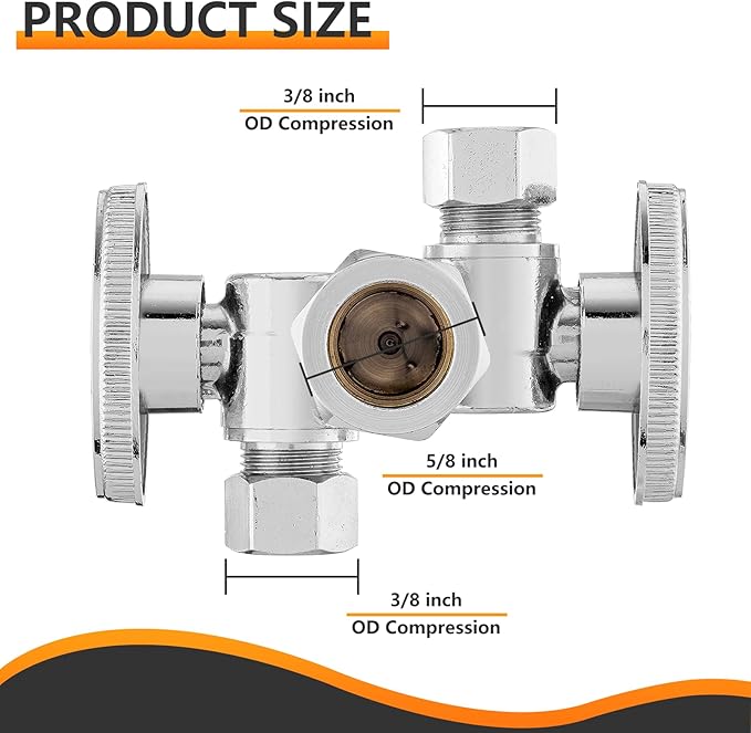 1-PC HeSun Dual Shut Off Angle Valve, 1/2" Nominal (5/8"OD) x 3/8" OD x 3/8" OD Compression, 1/4-Turn Stop Valve with 2 Shut Offs, PEX Chrome Plated Brass(VALVE134)