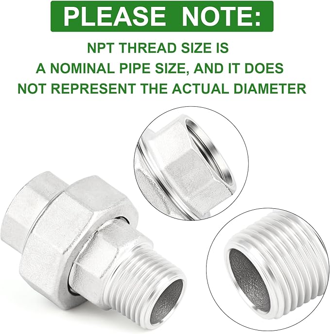 TAISHER 2PCS 304 Stainless Steel Union，3/8" NPT Male x 3/8" NPT Female Cast Pipe Fitting