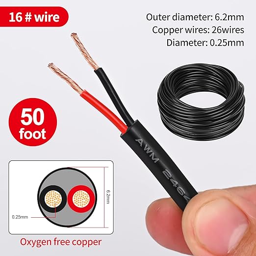 16 Gauge Electrical Wire 2 Conductor, 16 AWG Stranded PVC Oxygen-Free Copper Cable, 50FT 2 Core Flexible Extension Power Cord for Auto, LED Lamp Lighting Strips, Automotive