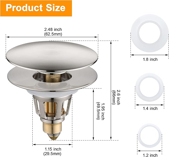Bathroom Sink Drain Stopper 1.1~1.5 Inch, Universal Pop Up Sink Stopper, Anti-Clogging Sink Drain Strainer with Hair Catcher, Bounce Push Type Sink Drain Filter (Brushed Nickel)