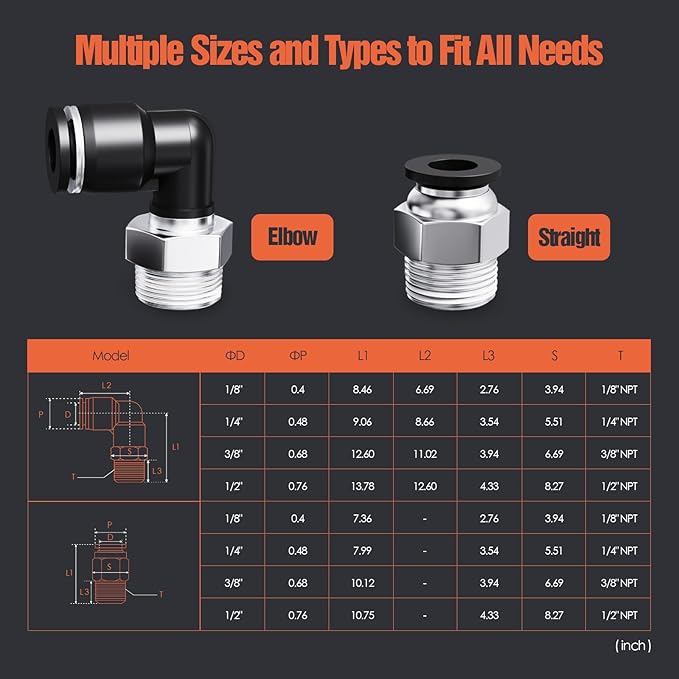 1/4"OD x 1/4"NPT Thread Push to Connect Fittings Kits - 20PCS Air Line Connectors with Straight, Elbow - Quick Connect Pneumatic Fittings, Push Lock Air Hose Fittings for Compressor, Air Tools, Tubing