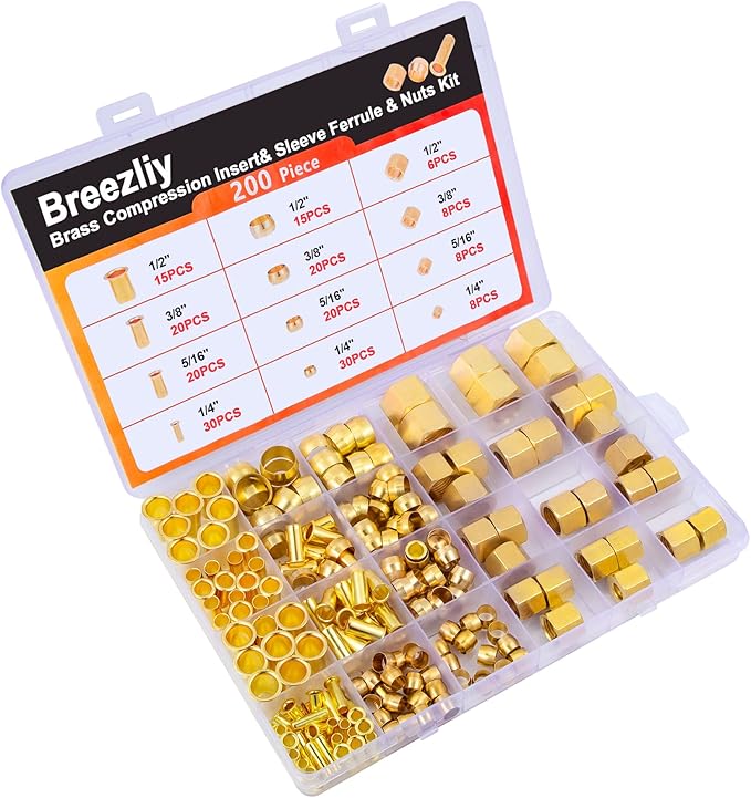 1/4", 3/8", 5/16", 1/2" OD Brass Compression Insert,Sleeve Ferrule,Nut 200PCS