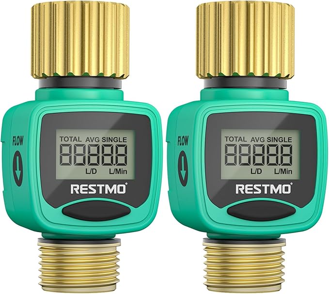 [2 Pack] RESTMO Water Flow Meter, Pure Brass Inlet & Outlet | 4 Measure Modes | Display Gallon/Liter Usage and Flow Rate | Ideal to Outdoor Garden Hose, Lawn Sprinkler Watering, RV Water Tank Filling