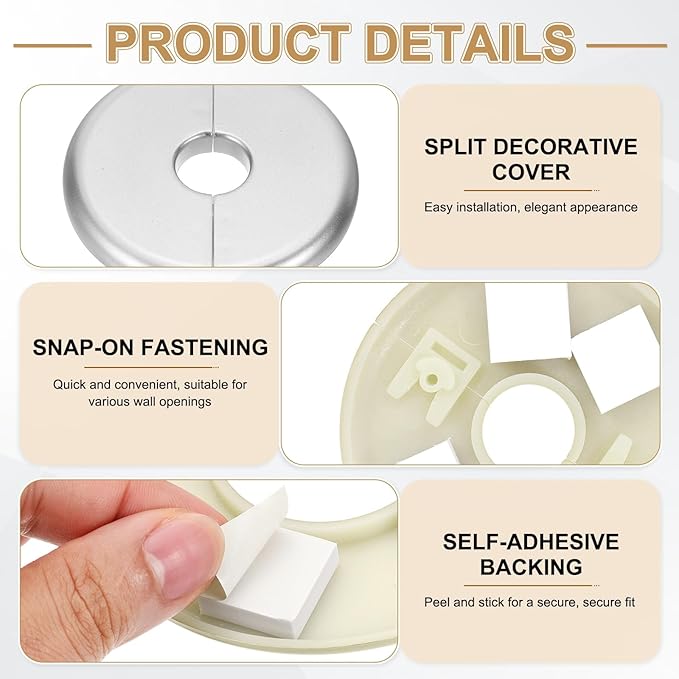 PATIKIL Wall Split Flange 70mm / 2.8" OD, 4 Pcs Round Escutcheon Plate Cover PPR Plumbing Cover Plates with Self-Adhesive Tape for 17mm / 0.7" Dia Water Pipe Faucet, Silver