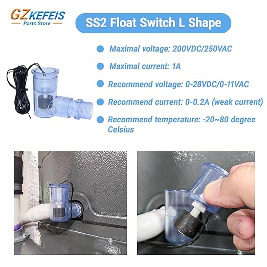 SS2 Float Switch L Shape, Compatible with Safe-T-Switch for HVAC Drain Pan Condensate Outlet, AC Water Level Switch with 3/4 Inch Adapter and 6Ft Wire (1, Transparent Blue)