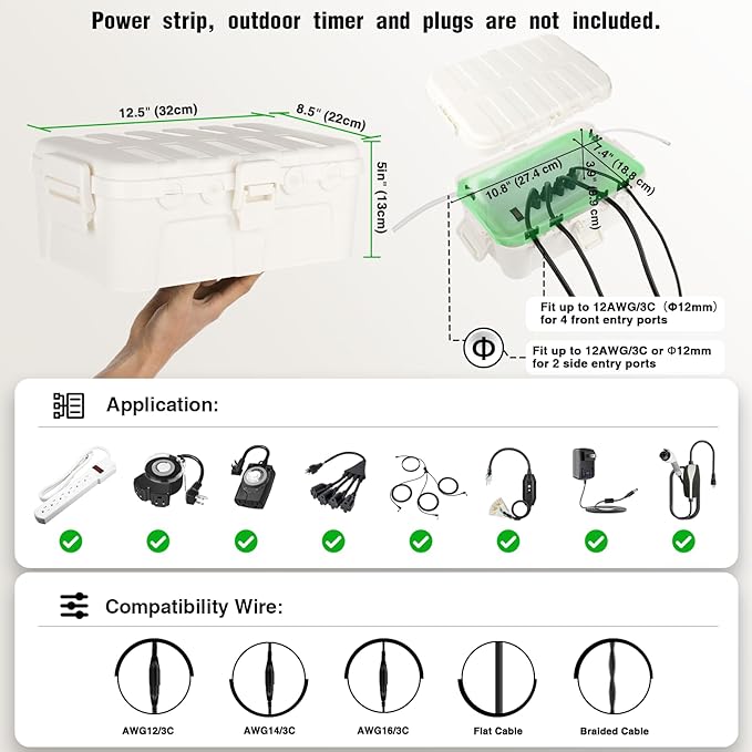 Flemoon 2-Piece Outdoor Waterproof Electrical Box Set – 12.5" x 8.5" x 5" Large Electrical Box & 11.3" x 4.3" x 3" Extension Cord Cover for Power Strip, Outlet, Holiday Light, White