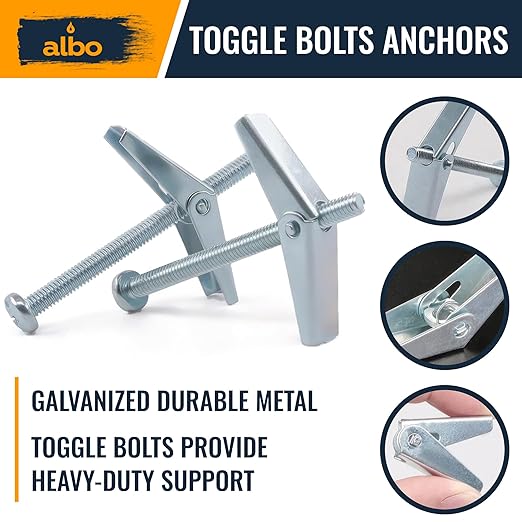 ALBO 25-Piece Heavy Duty Hollow Wall Anchors Kit for Drywall Ceilings with Screw Spring/Includes Toggle Bolts and Wing Nut Assortment in 3 Sizes (1/8in, 3/16in, 1/4in)