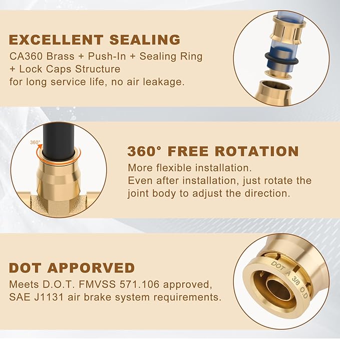 3/8" Quick Push to Connect Fittings Brass Union Tee Shaped Joint DOT Approved 3/8 Inch OD 3 Way Tube Air Line Adapter Air Spring Suspension Kit for Car Truck Trailers and Air Brake System 5pcs