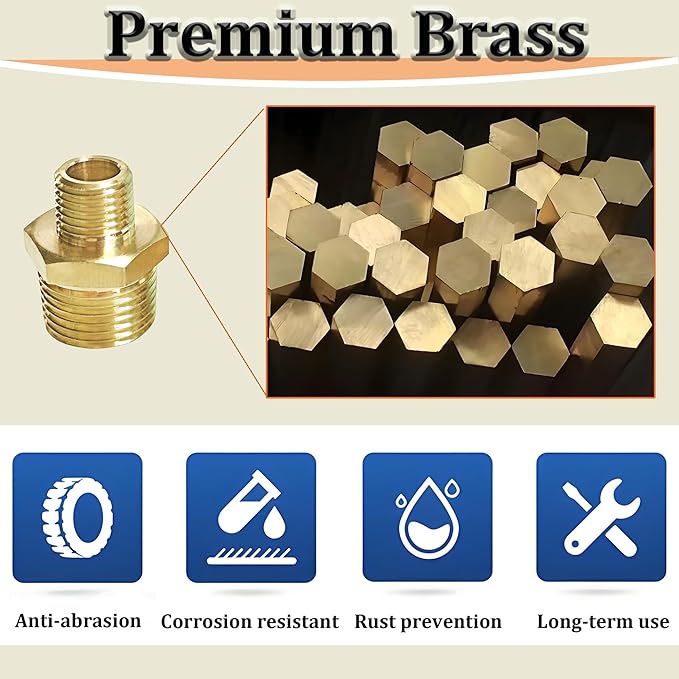 2PCS NPT Male Threaded Reducing Nipple Pipe Fitting Adapter, Brass Hex Nipple Reducer, Heavy Duty Pipe Reducer Straight Connector (3/4" x 1/2")