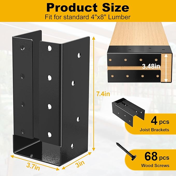 Concealed Joist Hanger , Outdoor Concealed-Flange Joist Bracket with Screws, Q235B Steel Powder Coated Concealed Mount Light Joist Hangers for Beam, Swing, Handrail, Fence (4PCS, 4X8)