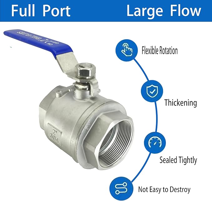 2" NPT Full Port Heavy Duty Ball Valve Stainless Steel 304 For Water,Oil and Gas with Blue Handles（1000WOG）