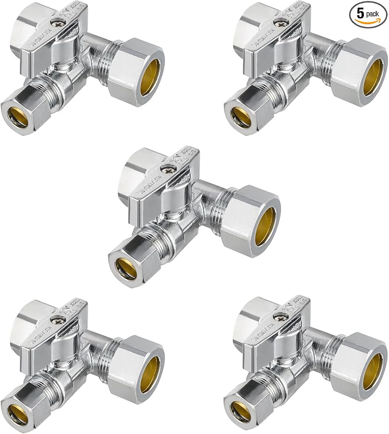 (Pack of 5) EFIELD 1/4-Turn Compression Stop Tee Valve, 1/2" NOM (5/8" OD) x 1/2" NOM (5/8" OD) x 3/8 inch Chrome Plated Brass,(VALVE247-5PCS)